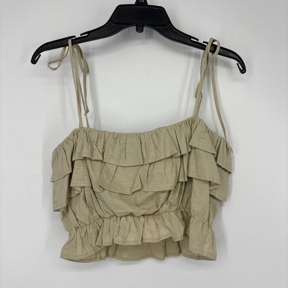 Aqua Women's Linen-Blend Tie Straps Ruffle Cropped Tank Top Green Size S NWT - Picture 2 of 5